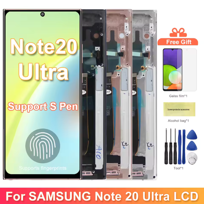 Original Super AMOLED Samsung Note 20 Ultra Screen Assembly for Samsung Galaxy Note20 Ultra 5G N985F N986B Display Digital Touch Screen with Frame and Fingerprints